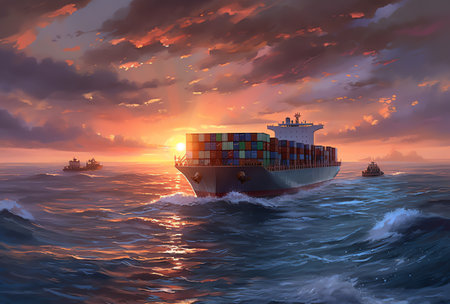 Container ship in the sea at sunset. 3d render illustration.の素材
