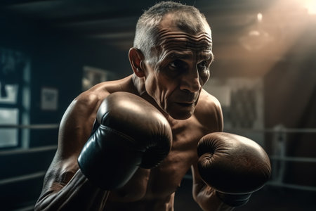Portrait of an old boxer with boxing gloves in a gym.の素材