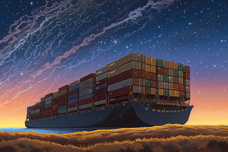 Cargo ship in the sea at night with starry sky illustrationの素材