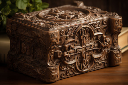 Wooden box on the table with a book and a green plantの素材