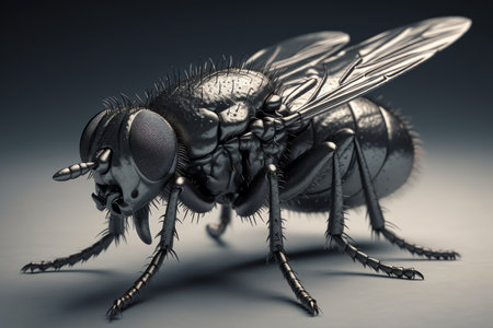 Close up of a fly on black background. 3D illustration.の素材