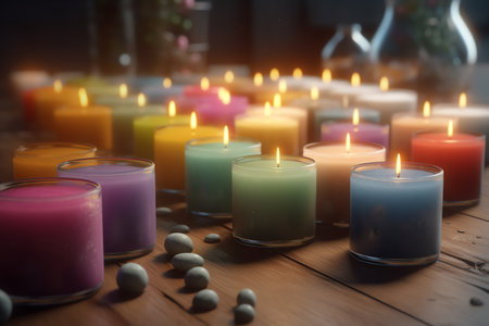 Candles on a wooden table in a room with a vaseの素材