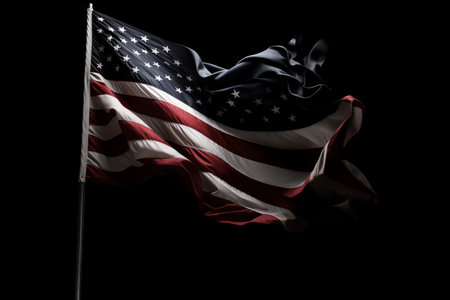 American flag waving in the wind on black background. 3d renderingの素材