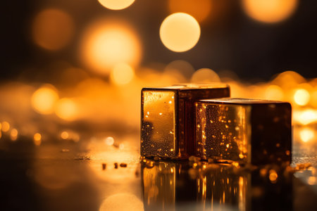 golden cubes with bokeh background, christmas concept.の素材