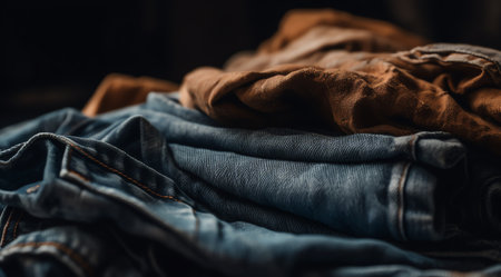 Stack of jeans on wooden background, close-up, selective focusの素材