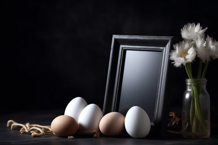 Easter still life with white eggs and black frame on dark backgroundの素材