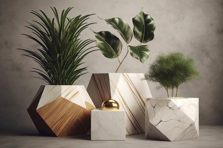 Minimalist geometrical background with concrete podiums and plants. 3d renderの素材