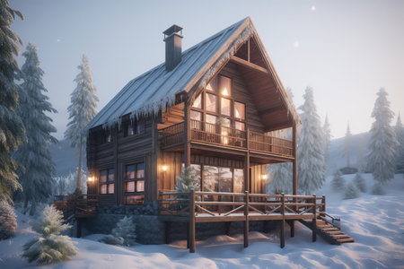 Wooden house in the winter forest. 3d render illustration.の素材