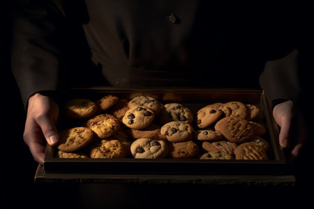 cookies in a box in the hands of a man on a black backgroundの素材