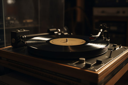 Retro turntable with vinyl record, close-up viewの素材