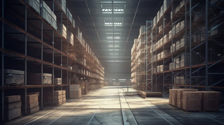 Warehouse interior with rows of shelves and wooden pallets. 3d renderingの素材