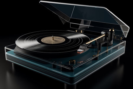 Vintage turntable on black background. 3d illustration.の素材