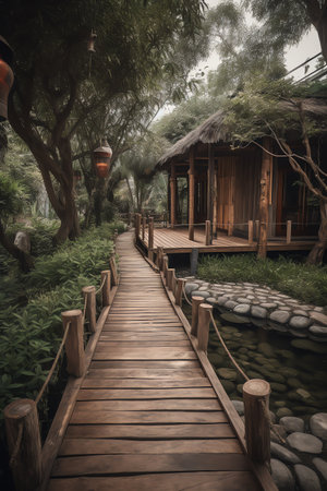 Wooden walkway in the garden with beautiful nature background, Thailand.の素材