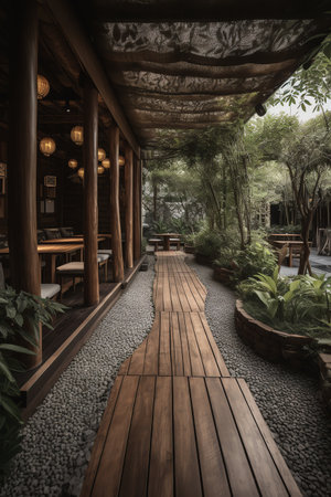 Restaurant in the garden with wooden floor and terrace.の素材