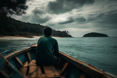 Man sitting on a wooden boat in the sea under a cloudy skyの素材