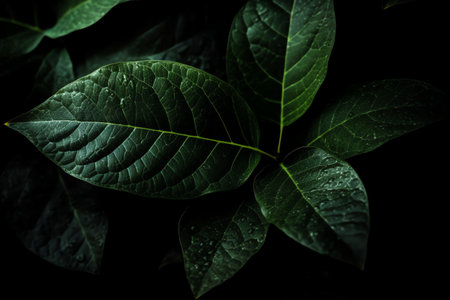 Green leaves on a black background with water droplets. Macro.の素材