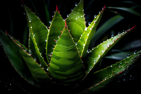 Aloe vera plant with dew drops on black background.の素材