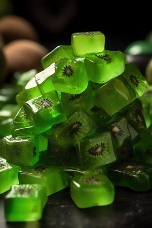 Jelly candies with kiwi on dark background, closeupの素材