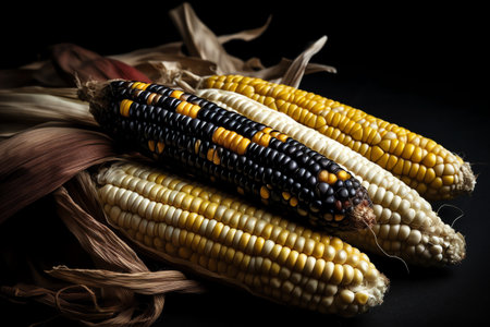 Fresh corn on the cob on a black background. Toned.の素材