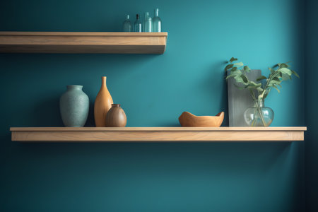 Wooden shelf with vases and vases, 3d renderの素材