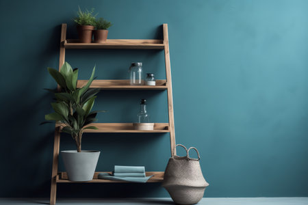 Shelf with different houseplants and kitchenware on color wallの素材