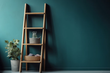 Wooden stepladder near color wall in room. Interior designの素材