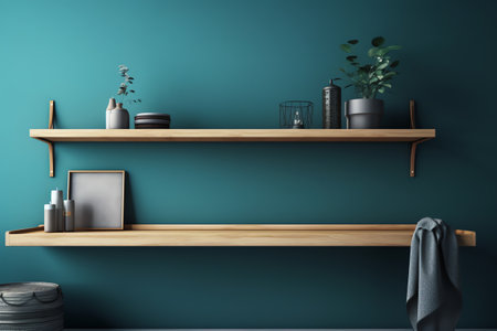 Interior of modern living room with green walls, concrete floor, wooden shelf with books and decoration. 3d renderingの素材