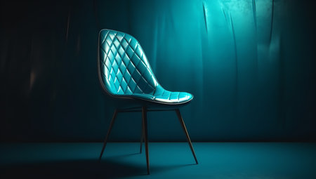 Blue armchair in a dark room with blue curtains. 3d renderingの素材