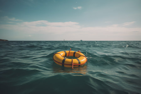 Lifebuoy floating in the sea with copy space, vintage toneの素材