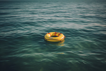 Lifebuoy floating in the sea on a sunny summer day.の素材
