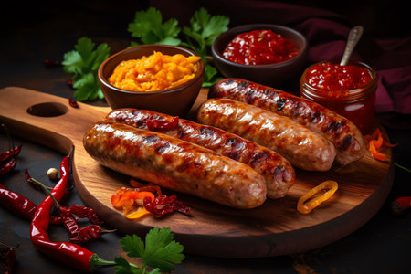 Grilled sausages with spices and sauces on a wooden boardの素材