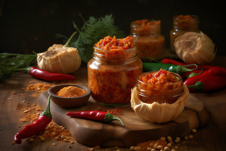 Spicy chili paste in a glass jar on a wooden background.の素材
