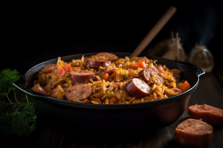 Fried rice with sausages and vegetables on a black backgroundの素材