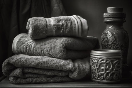 Towels and a bottle of oil on a wooden shelf. Toned.の素材