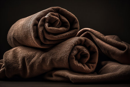 close up of a stack of brown towels on a black background.の素材