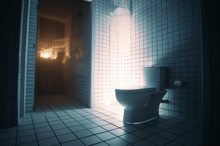 3d rendering of a white toilet in a dark bathroom with a showerの素材