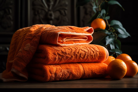 Towels and tangerines on wooden table against dark backgroundの素材