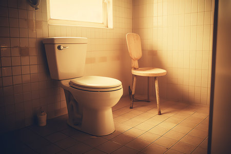Toilet bowl and chair in the toilet room, vintage tone.の素材