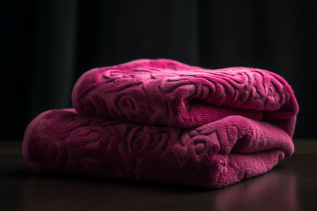 Stack of pink towels on a wooden table in front of black backgroundの素材