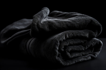 Close up of a black towel on black background. Toned.の素材