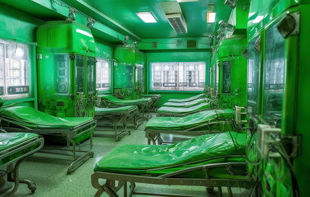 Interior of a hospital corridor with green chairs and emergency room.の素材