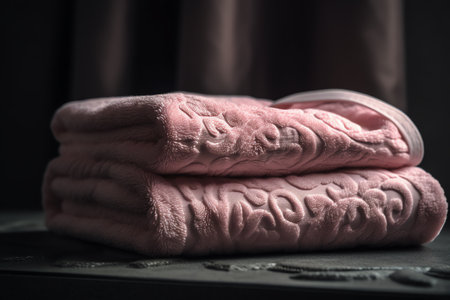 Folded pink towels on the table. Selective focus. Toned.の素材