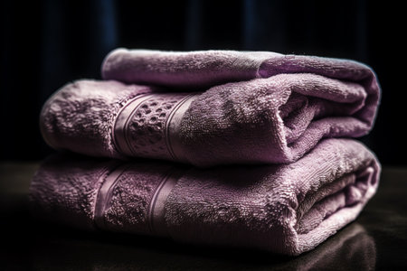 Stack of clean towels on wooden table. Selective focus. Toned.の素材
