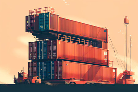 Cargo containers in the port at sunset. 3D illustration.の素材