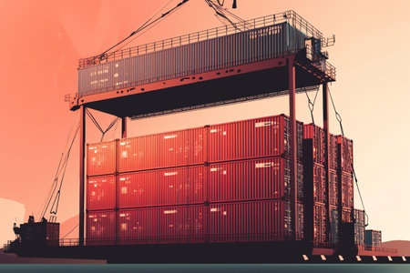 Containers loading and unloading at the port. 3D renderingの素材