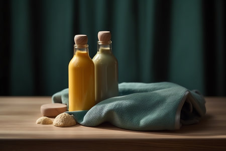 Spa still life with massage oil on a wooden table and green clothの素材