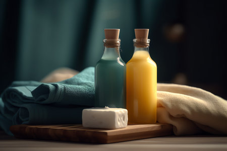 Spa still life with towels, soap and oil on wooden tableの素材