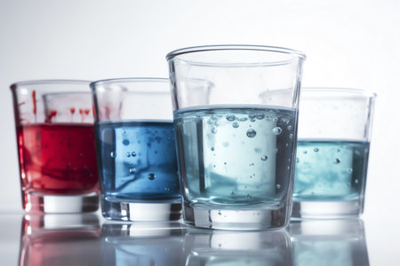 Close up shot of colorful water in shot glasses on white background.の素材