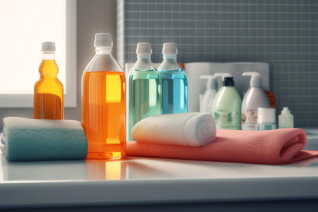 Set of cosmetic bottles and towels on a white table in the bathroomの素材