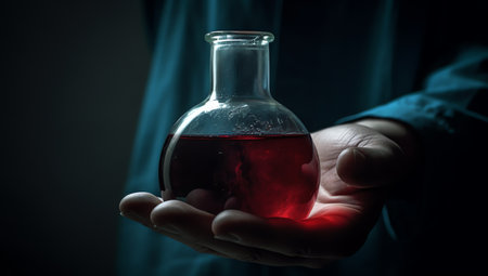 Scientist holding a flask with red liquid, science research concept.の素材